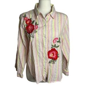 VINTAGE Y2K New Direction Embroidered Floral Striped Shirt Women’s Large